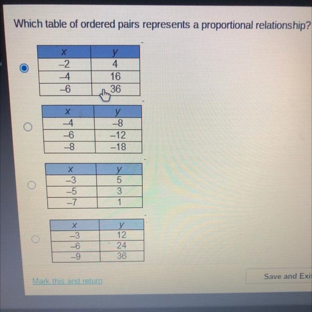 Which table of ordered pairs represents a proportional relationship-example-1