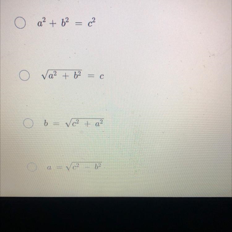 Which equation is NOT true based on the Pythagorean Theorem-example-1