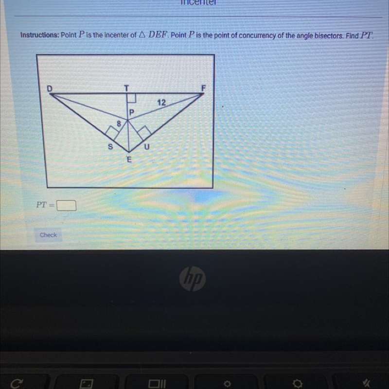 Find Point P is the incenter of DEF . point p of concurrency of the angle bisectors-example-1