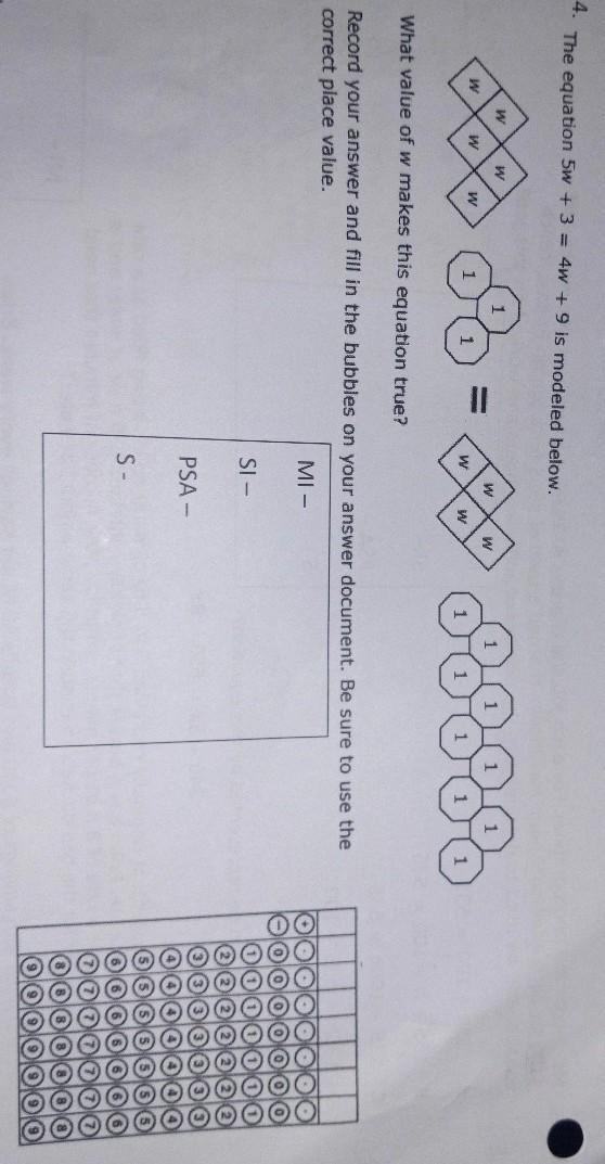 4 The equation 5W + 3 = 4w + 9 is modeled below. w W 1 W W 1 1 W 1 1 W W 1 1 1 What-example-1