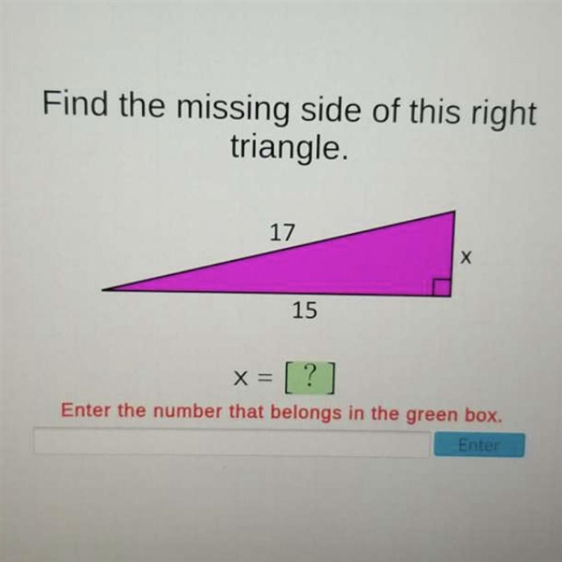 Find the missing side of this right triangle.-example-1