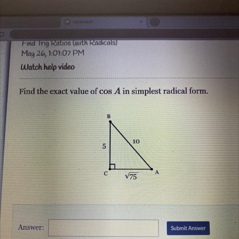 Find the exact value of cos A in simplest radical form-example-1