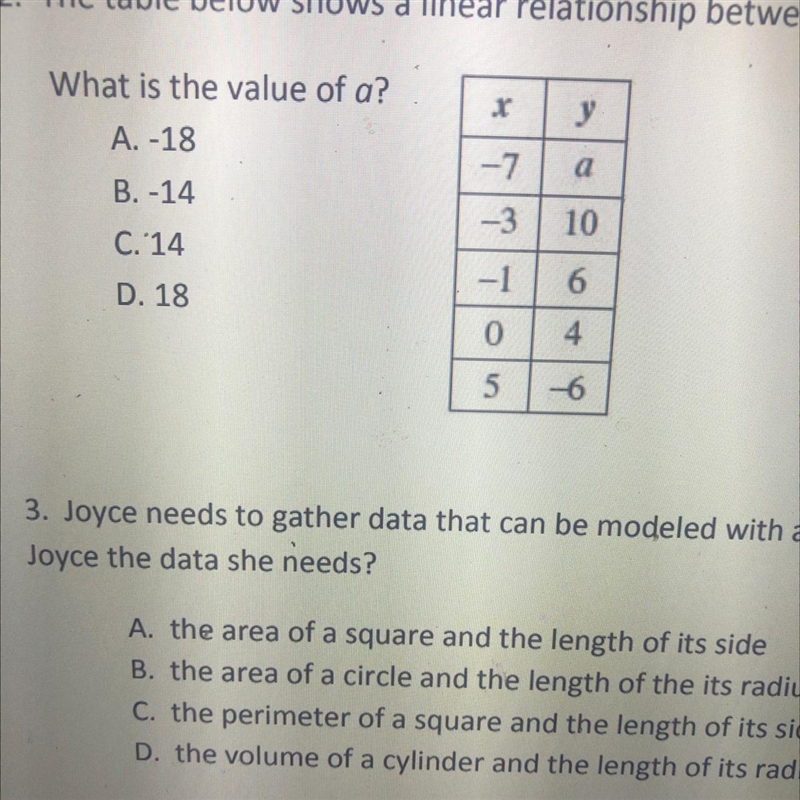 What is the value of a? A. -18 B. -14 C. 14 D. 18-example-1