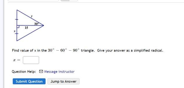 Find value of x in the 30° - 60° - 90° triangle. Give your answer as a simplified-example-1