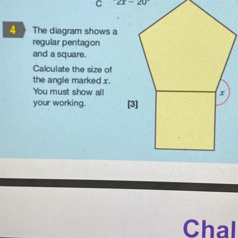 The diagram shows a regular pentagon and a square. Calculate the size of the angle-example-1