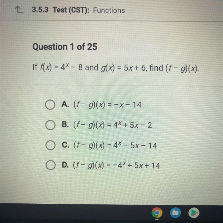 If f(x) equals 4^x- 8 and g(x) equals 5times + 6, find (f-g)(x)-example-1