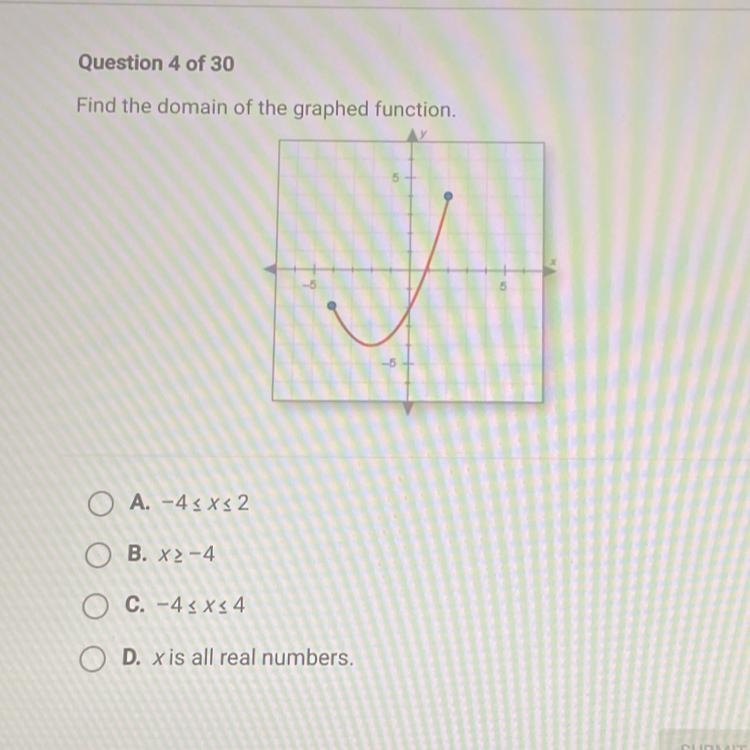 Question 4 of 30 Find the domain of the graphed function.-example-1