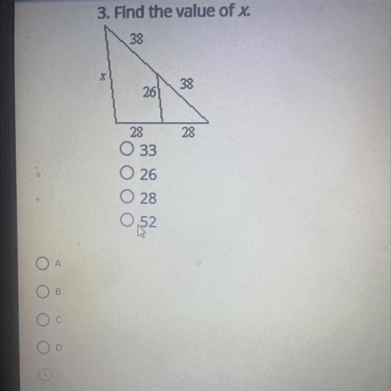 3. Find the value of X. A) 33 B) 26 C) 28 D) 52-example-1