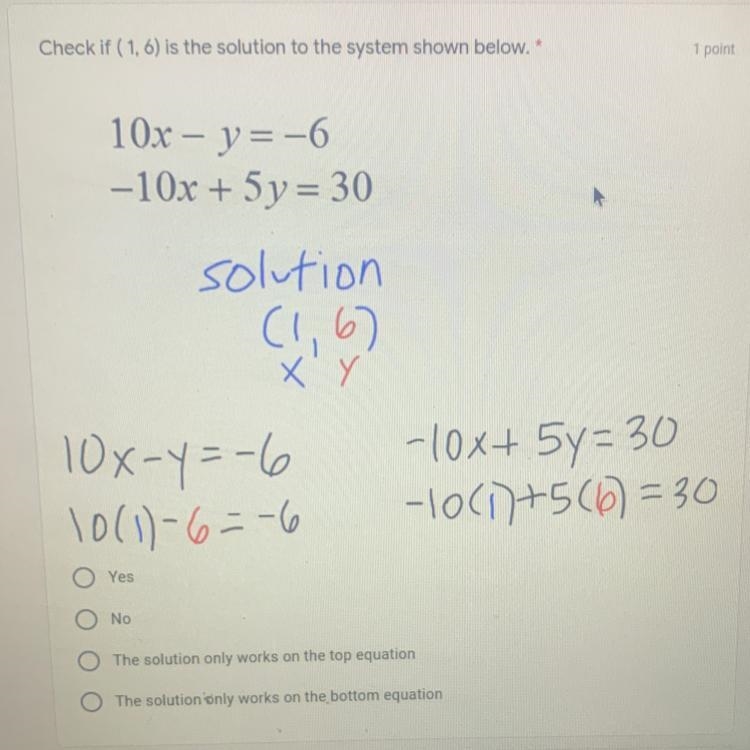 Check if (1,6) is the solution to the system shown below.-example-1