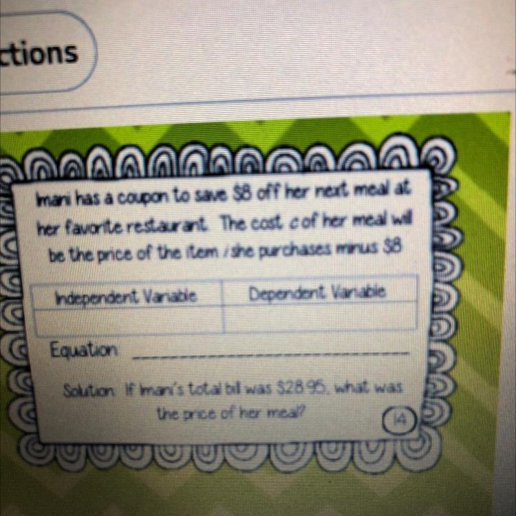 daniel uses a 20.00 bill to purchase an item that costs d dollars. Write an equation-example-1