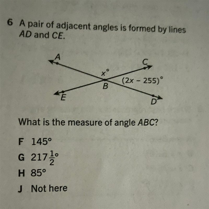 6 A pair of adjacent angles is formed by lines AD and CE. What is the measure of angle-example-1