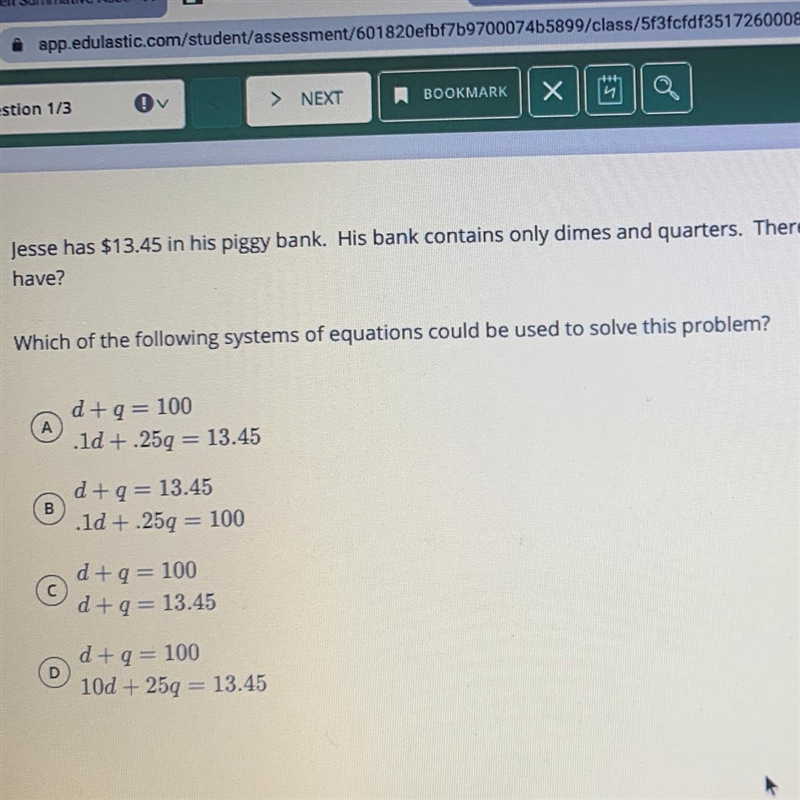 Jesse has $13.45 in his piggy bank. His bank contains only dimes and quarters. there-example-1