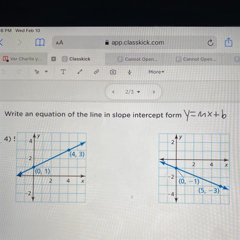 Write an equation of the line in slope intercept form y=mx + b-example-1