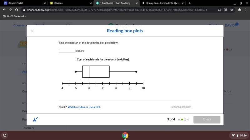 Find the median of the data in the box plot below. dollars A horizontal boxplot titled-example-1