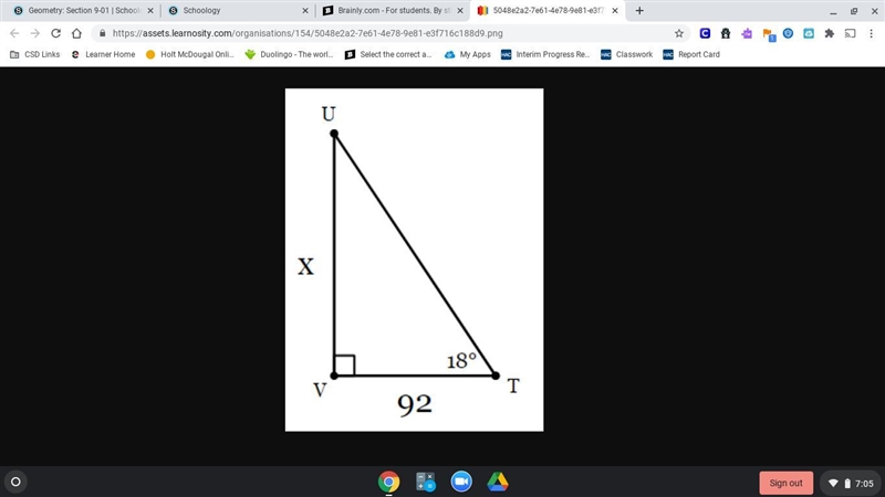 I need help with this asap. In triangle VUT, find the value of x. Round to the nearest-example-1