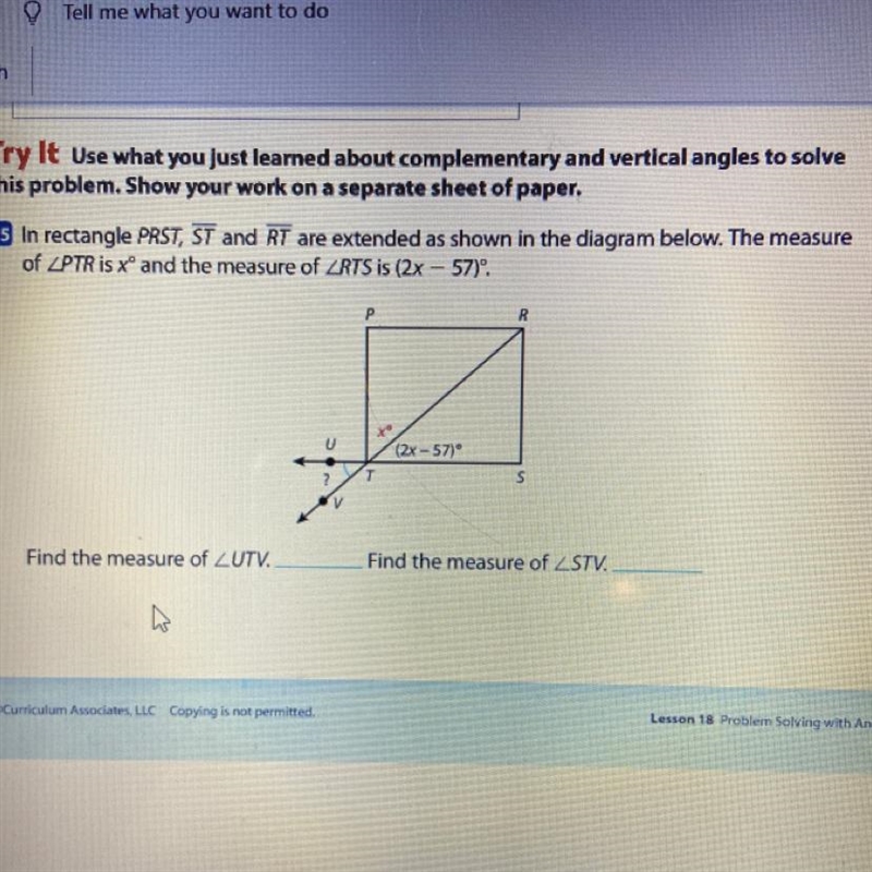 15 In rectangle PRST, ST and RT are extended as shown in the diagram below. The measure-example-1