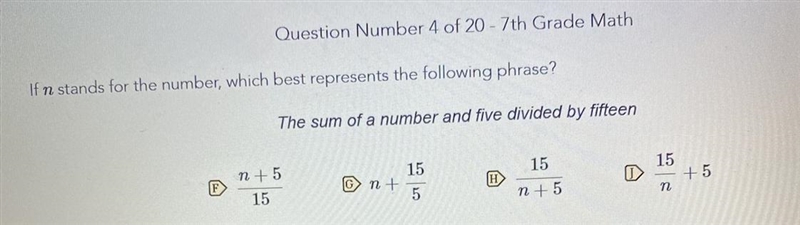 The sum of a number and five divided by fifteen-example-1