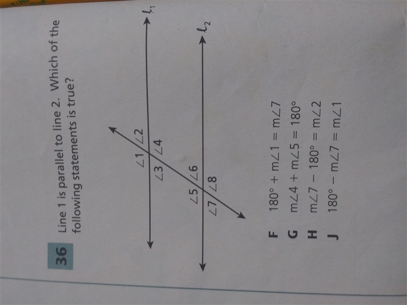 HELP PLEASE! Line 1 is parallel to line 2. Which of the following statements is true-example-1