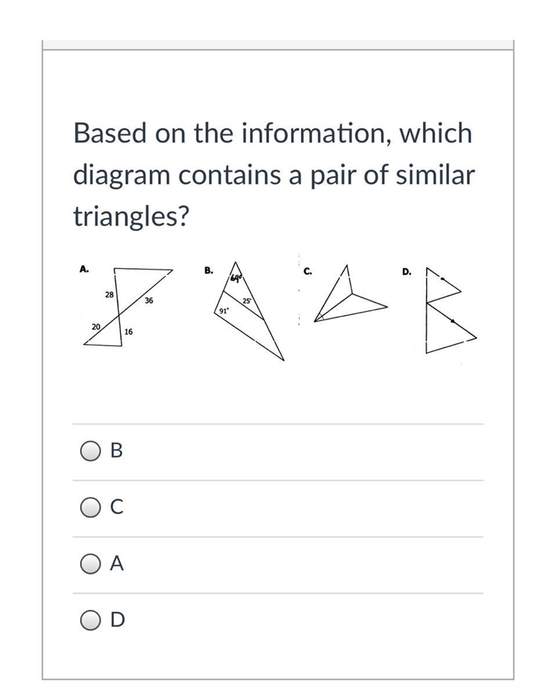 Which diagram contains a pair of similar triangles?-example-1