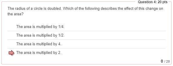 The radius of a circle is doubled. Which of the following describes the effect of-example-1