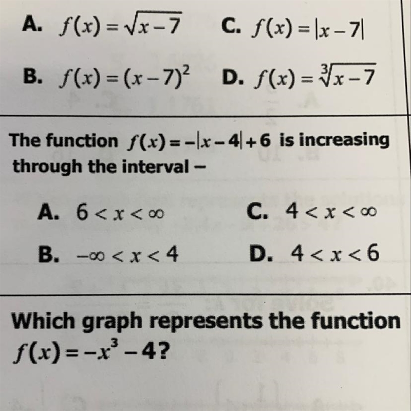 The function f(x)=-\x-4/+6 is increasing through the interval - A. 6 C. 4 B. -00&lt-example-1