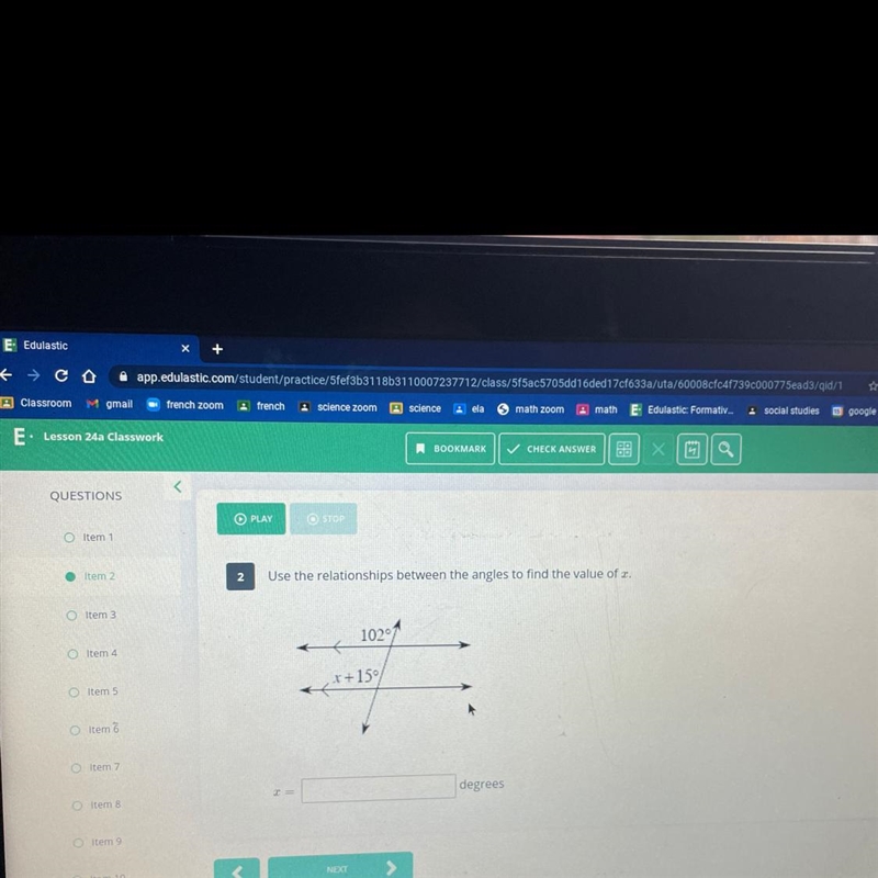 Use the relationships between the angles to find the value of x. 102° x+15% = degrees-example-1