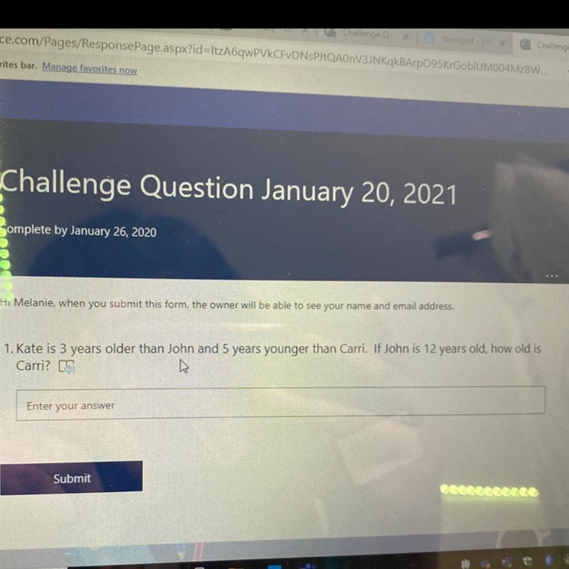 1. Kate is 3 years older than John and 5 years younger than Carri. If John is 12 years-example-1