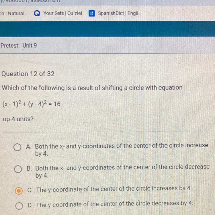 Which of the following is a result of shifting a circle with equation (x - 1)2 + (y-example-1