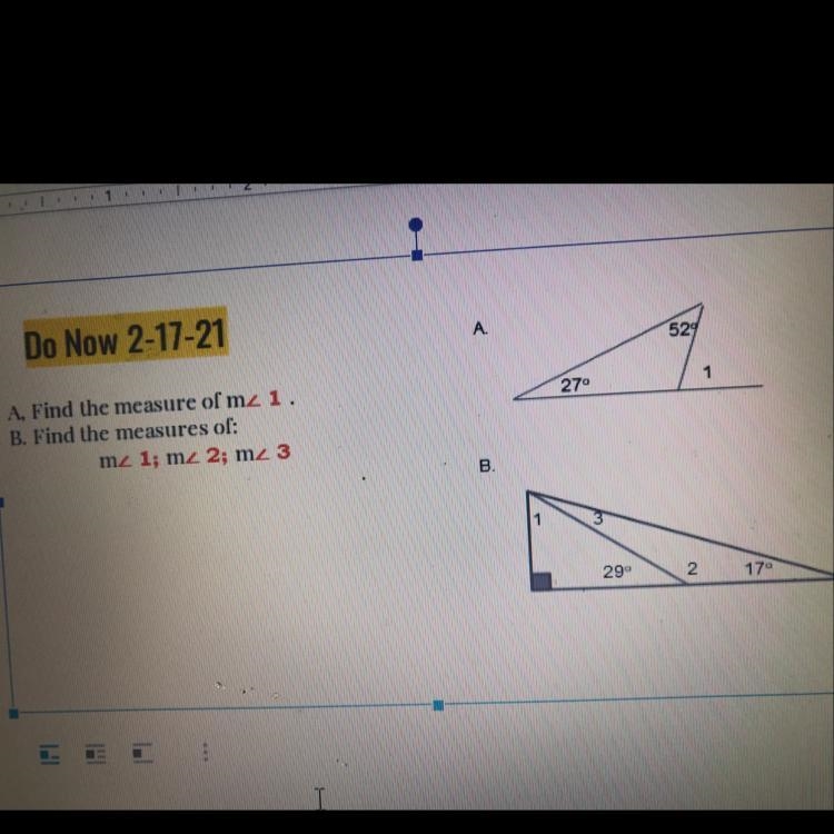 A. Find the measure of m<1 B. Find the measure of m<1 ;m<2; m<3-example-1