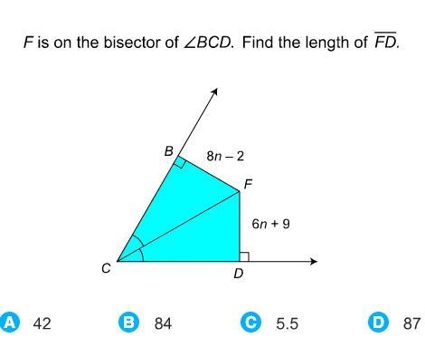 F is on the bisector of angle BCD. Find the length of FD (with lines over FD)-example-1