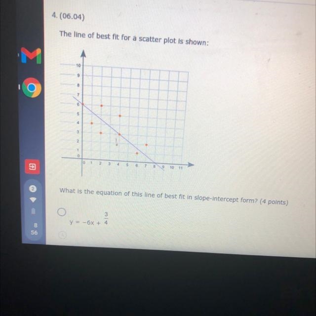 The line of best fit for a scatterplot is shown what is the equation of this line-example-1