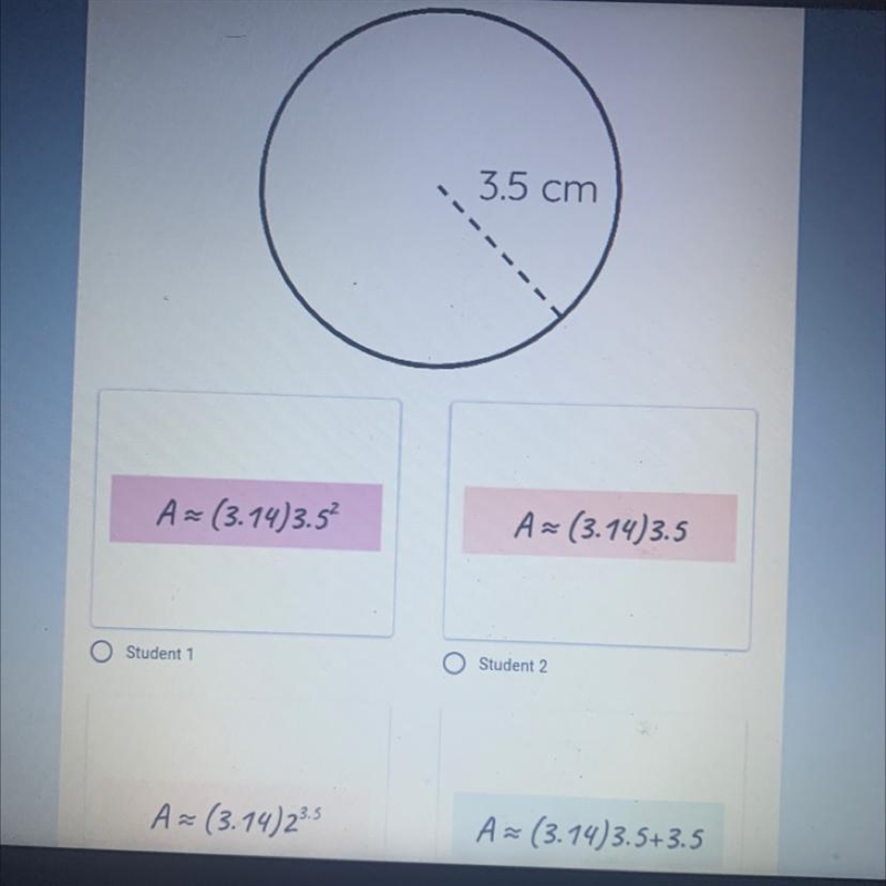 What student has the correct setup to find the circle using 3.14 for n-example-1