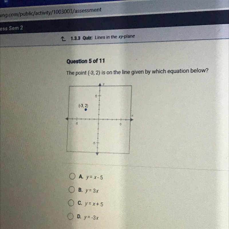 The point (-3, 2) is on the line given by which equation below? HELPPP ME PLSSSS I-example-1