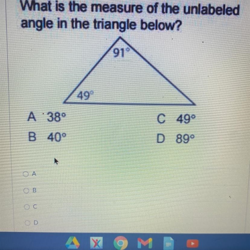 (PLEASE HELP) What is the measure of the unlabeled angle in the triangle below? A-example-1