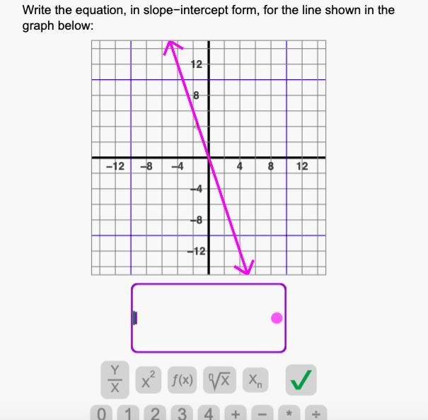 Write the equation, in the slope-intercept form, for the line shown in the graph below-example-1