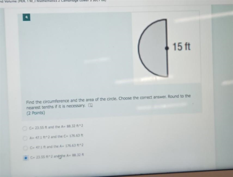 Find the circumference and the area of the circle with a diameter of 15ft​-example-1