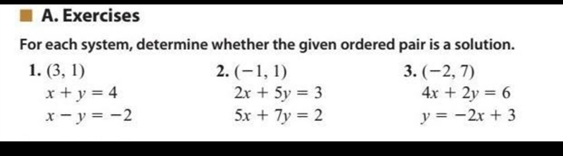 For each system, determine whether the given ordered pair is a solution (help fast-example-1