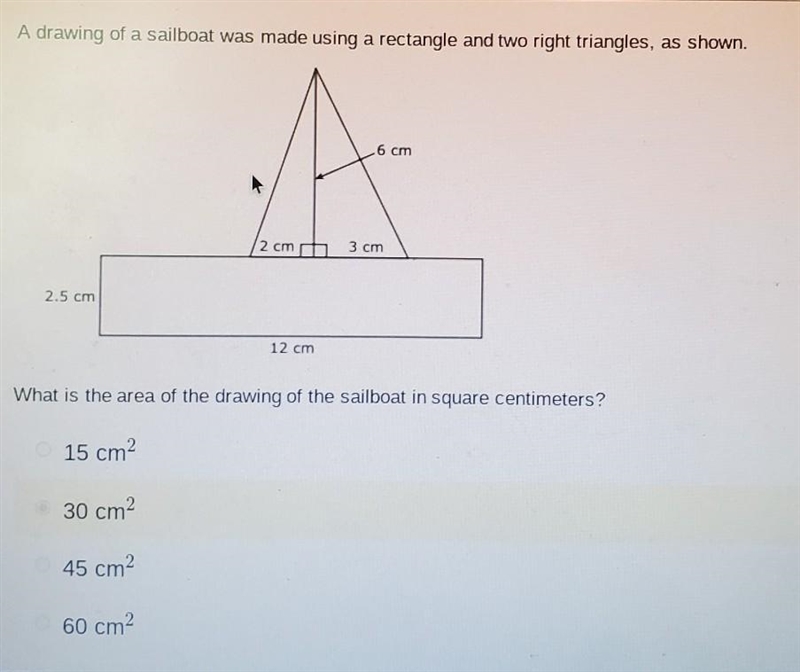 Please help☡☡ A drawing of a sailboat was made using a rectangle and two right triangles-example-1