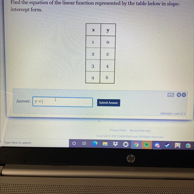 I need equation of the linear function represented by the table below in the slope-example-1