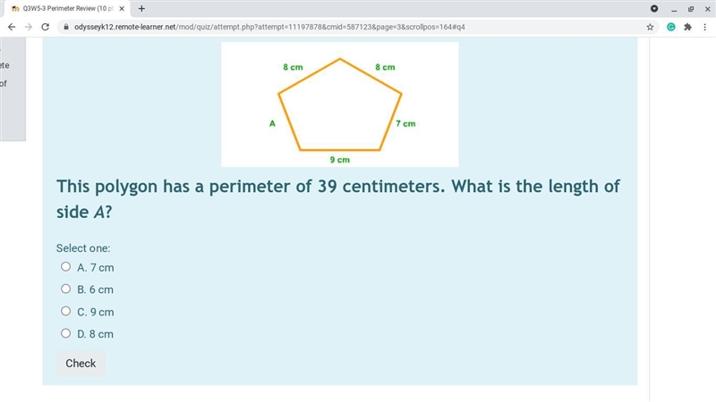 This polygon has a perimeter of 39 centimeters. What is the length of side A?-example-1