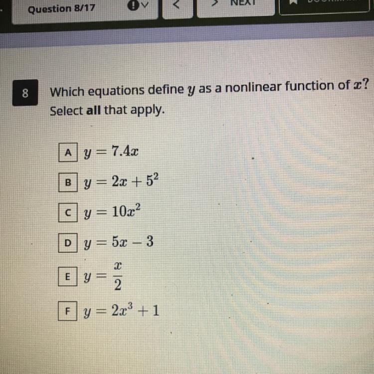 Which equations define y as a nonlinear function of x? Select ALL that apply.-example-1