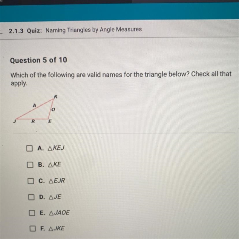 Which of the following are valid names for the triangle below? Check all that apply-example-1