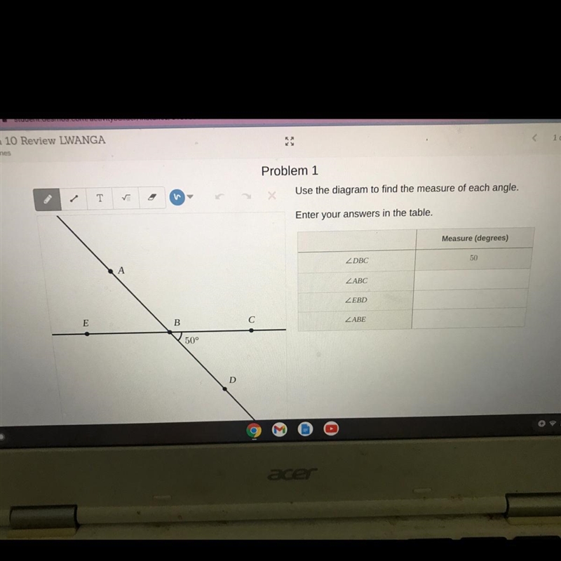 Use the diagram to find the measure of each angle. Enter your answers in the table-example-1