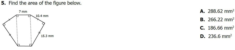 Find the area of the figure below. A. 288.62 B. 266.22 C. 186.66 D. 236.6-example-1