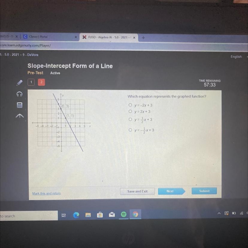 Which equation represents the graphed function? 5 10,3) O y = -2x + 3 O y = 2x + 3 O-example-1