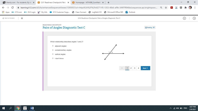 Which relationship describes angles 1 and 2?-example-1