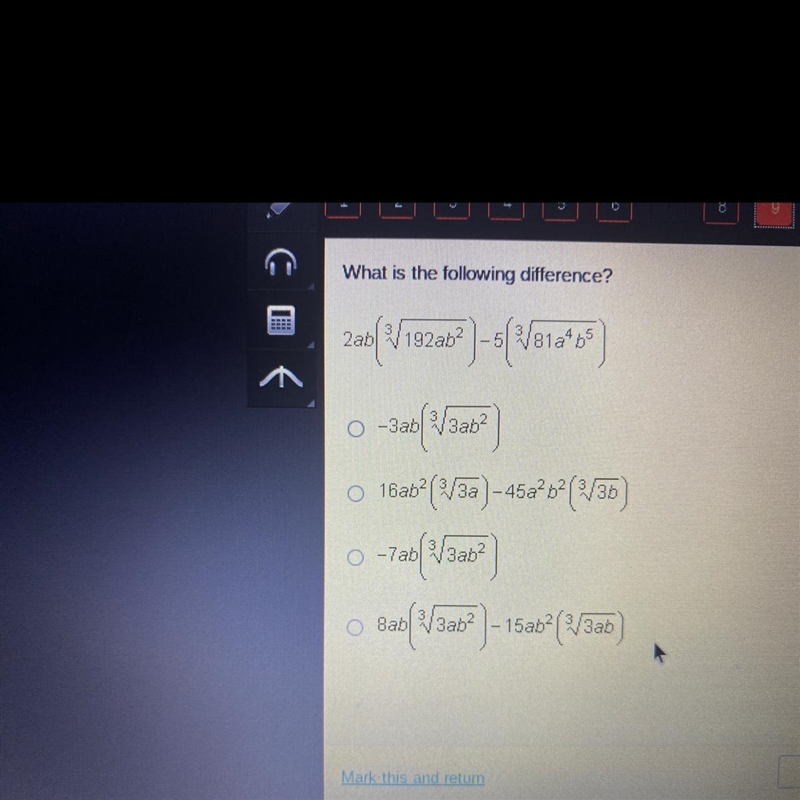 What is the following difference? 2ab * (root(3, 192a * b ^ 2)) - 5(root(3, 81a ^ 4 * b-example-1