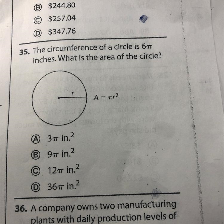 The circumference of a circle is 6pi inches. What is the area of the circle-example-1