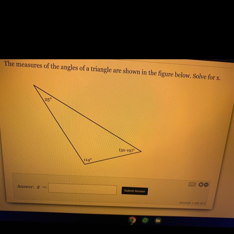 The measures of the angles of a triangle are shown in the figure below. Solve for-example-1