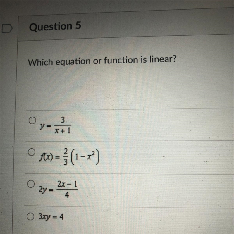 Which equation or function is linear?-example-1